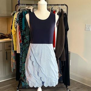 crown & ivy Tank Dress Blue Bodice and Blue and White Striped Scalloped Skirt PS